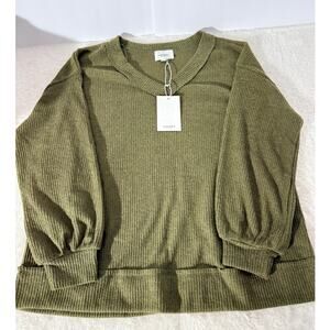 Andree by Unit Ribbed Knit Olive Green Long Sleeve Top Balloon Sleeved NWT M